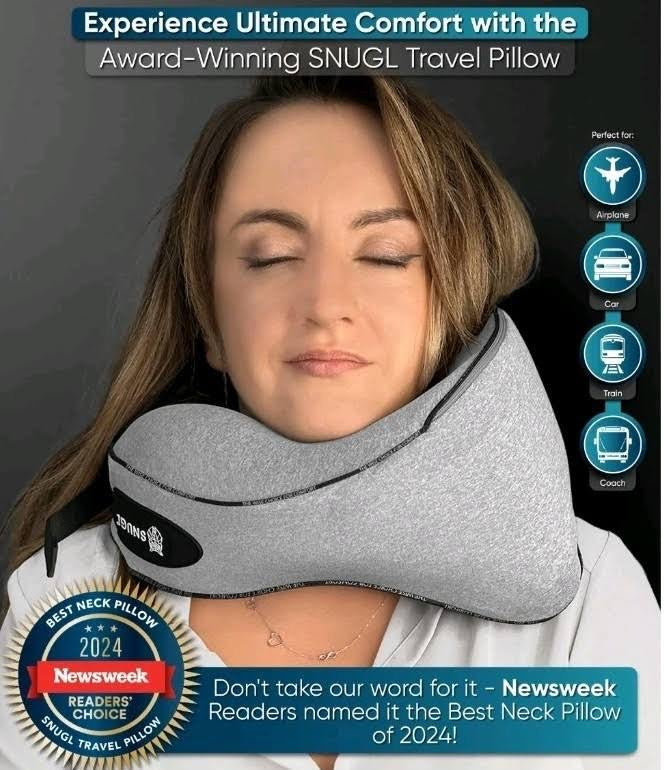 SNUGL Neck Travel Pillow - Memory Foam Airplane Pillow - Flight Pillow | Neck Support Travel Pillow with Carry Bag & Clip | Neck Pillows for Sleeping Travel Plane | Flying Travel Essentials - Grey